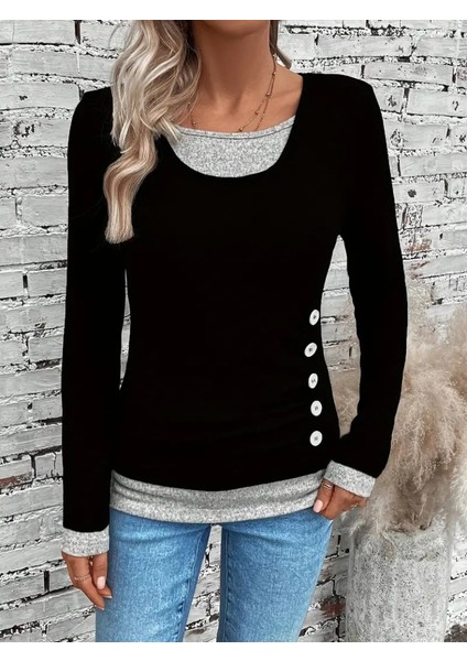 Kadın Uzun Kollu Yuvarlak Yaka Blok Renkli Yandan Düğmeli Viskon Bluz