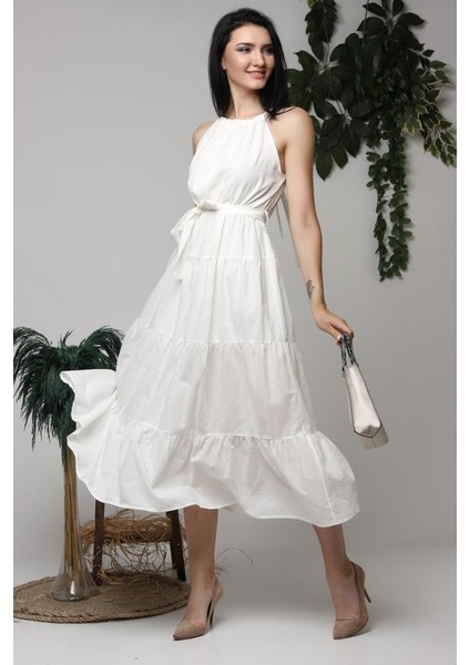 Ekru Halter Yakalı Kuşaklı Elbise