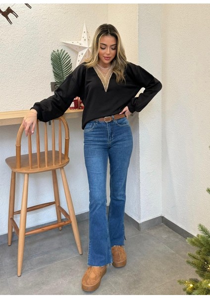 Kadın Uzun Kollu V Dantel Yaka Şardonsuz Üç Iplik Bluz