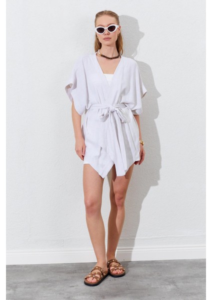 Kadın Naturel Düşük Kol Kuşaklı Kimono