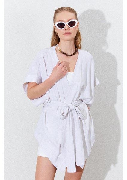 Kadın Naturel Düşük Kol Kuşaklı Kimono indirimleri