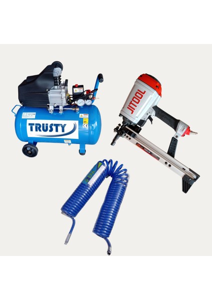 CS26/38 Havalı Beton Çivi Çakma Tabancası+Trusty 50 Litre Yağlı Sesli Kompresör+15 Metre Poliüraten Hortum ve Aparatlar