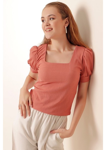 0409 Kare Yaka Örme Bluz - Gül Kurusu fırsatları