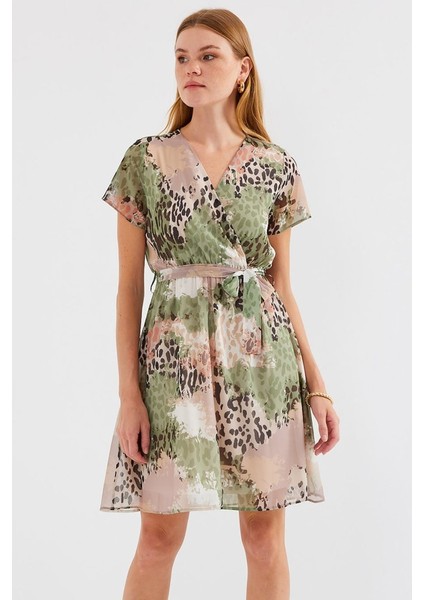 2502 Kısa Kol Desenli Şifon Elbise - Çağla