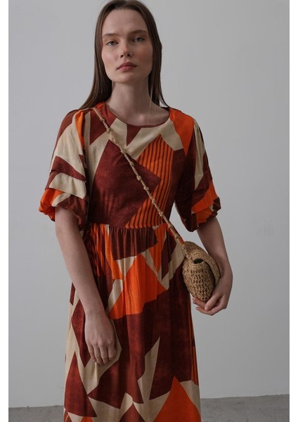 Desenli Balon Kol Kloş Elbise - Kahve fırsatları