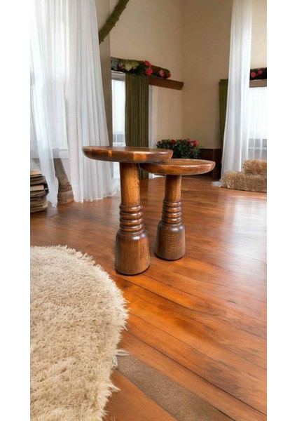 Masif Ahşap 2’li Yan Sehpa Seti – Doğal Açık Ceviz Zigon Fiskos