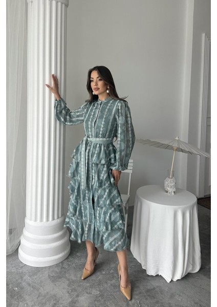 Mint Uzun Volanlı Elbise