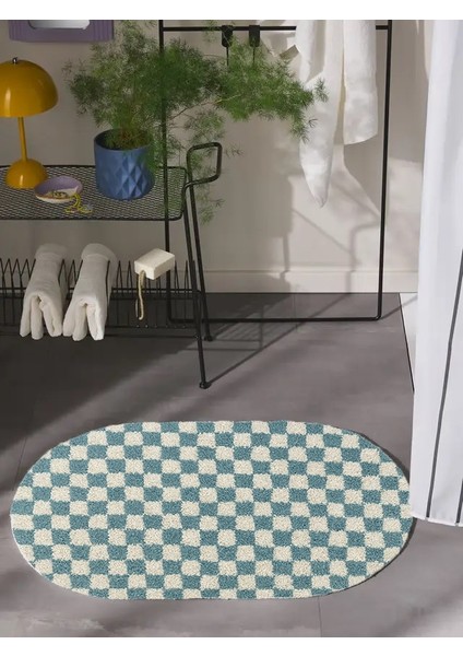 Dama Desenli Kaymaz Taban Yıkanabilir Oval Banyo Paspası Tek Parça 60X100 cm Shaggy Chess