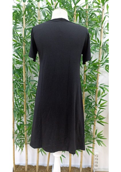 Kadın Kısa Kollu V Yaka Önü Düğmeli Viskon Elbise