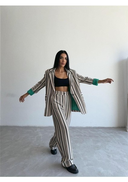 Ottoman Çizgili Ceket-Pantolon Tk - Bej