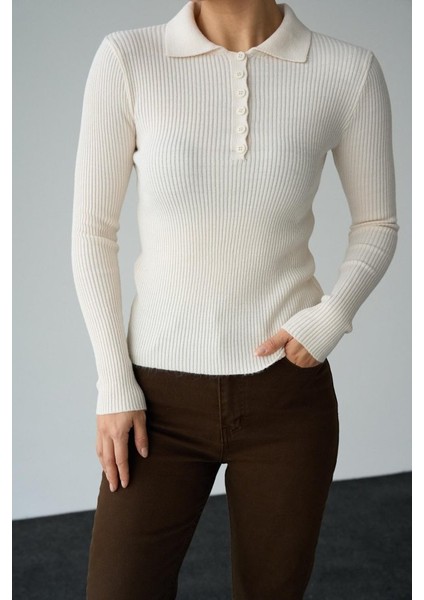 Polo Yaka 6 Düğmeli Kazak - Krem