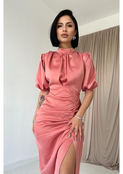 Pudra Büzgülü Saten Elbise