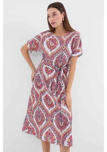 2389 Kemerli Keten Elbise - Nar fiyatları