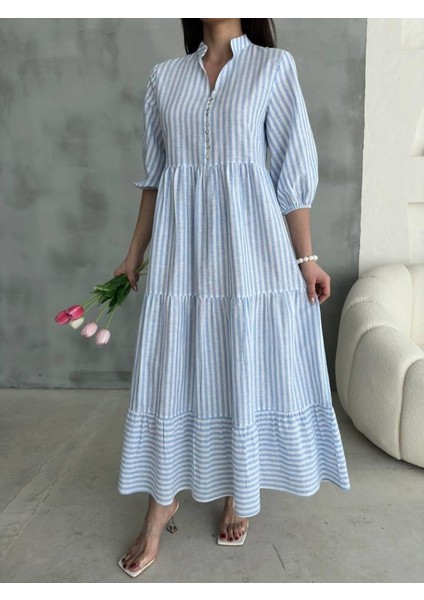 Çizgili Keten Hakim Yaka Düğmeli Salaş Elbise - Mavi fiyatları