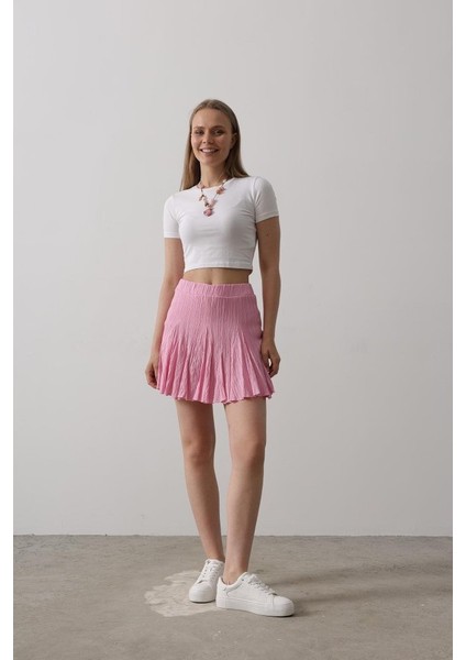 Beli Lastikli Mini Etek - Pembe