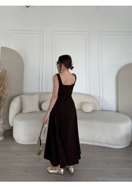 Sırt Dekolteli Kolsuz Uzun Elbise - Kahverengi modelleri