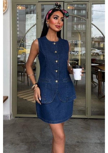 Kolsuz Yelekli Mini Etekli Denim Takım 10164