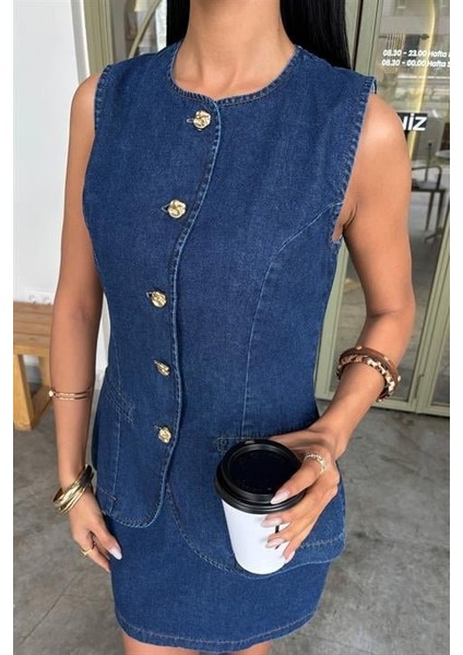 Kolsuz Yelekli Mini Etekli Denim Takım 10164