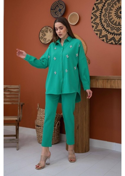 Yeşil Gömleği Taşlı Fitilli Takım