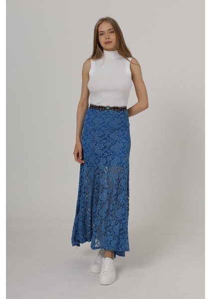 Bel Lastikli Dantel Etek - Mavi modelleri