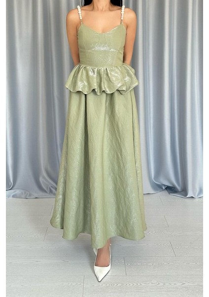 Yeşil Beli Büzgülü Inci Askılı Uzun Elbise fırsatları