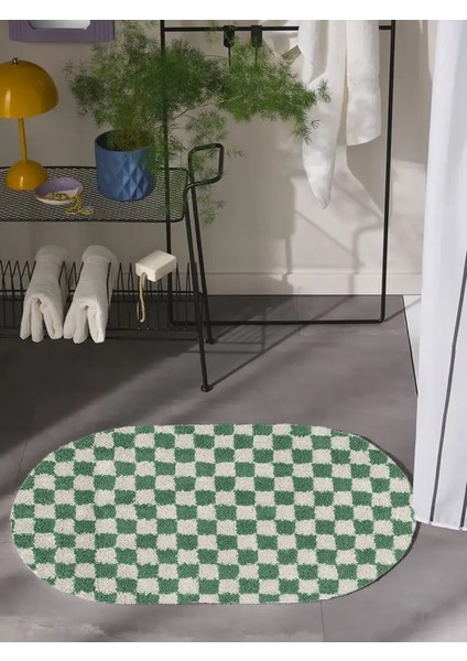 Dama Desenli Kaymaz Taban Yıkanabilir Oval Banyo Paspası Tek Parça 60X100 cm Shaggy Chess