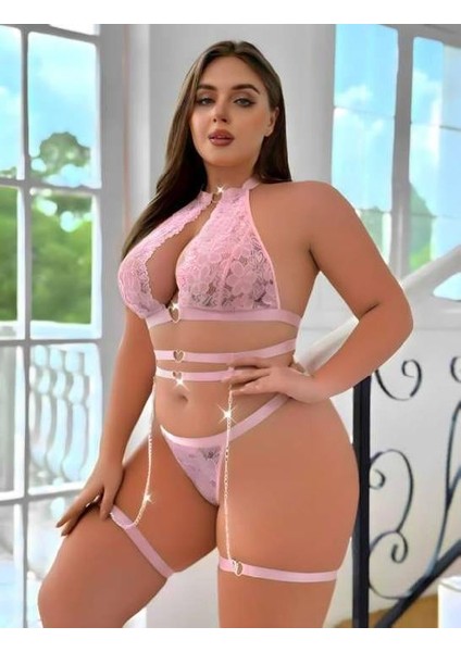 Büyük Beden Pembe Dantel Işlemeli Zincir Detaylı Jartiyer Takımı