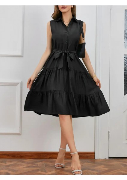 Kadın Kısa Kollu Gömlek Yaka Düğmeli Beli Kuşaklı Katlı Dokuma Midi Elbise fiyatları