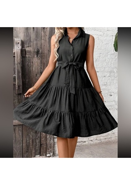 Kadın Kısa Kollu Gömlek Yaka Düğmeli Beli Kuşaklı Katlı Dokuma Midi Elbise