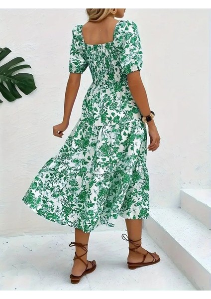 Kadın Kısa Kollu Kare Yakalı Lastikli Desenli Süprem Elbise indirimleri