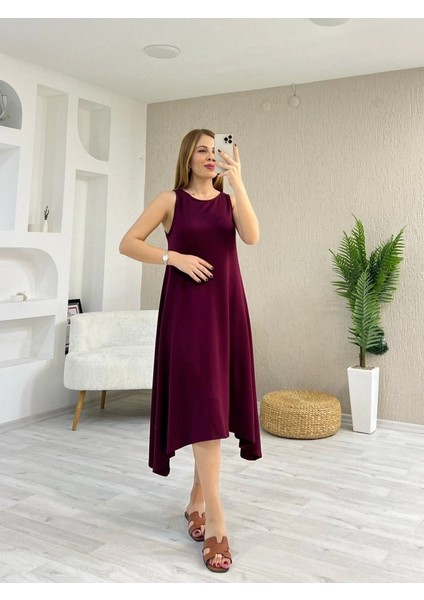 Kadın Askılı Yuvarlak Yakalı Asimetrik Kesim Detaylı Viskon Elbise fiyatları