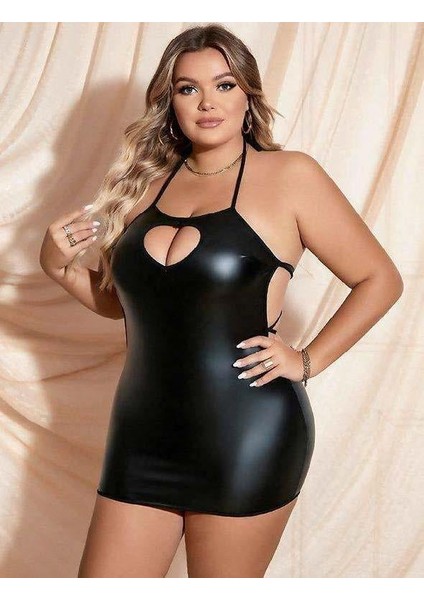 Büyük Beden Siyah Deri Göğüs Dekolteli Fantezi Elbise