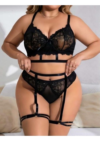 Büyük Beden Siyah Dantel Işlemeli Ipli Fantezi Jartiyer Takımı fiyatları