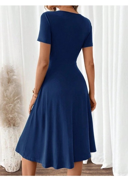 Kadın Kısa Kollu V Yakalı Önden Düğmeli A Kesim Dokuma Elbise fırsatları