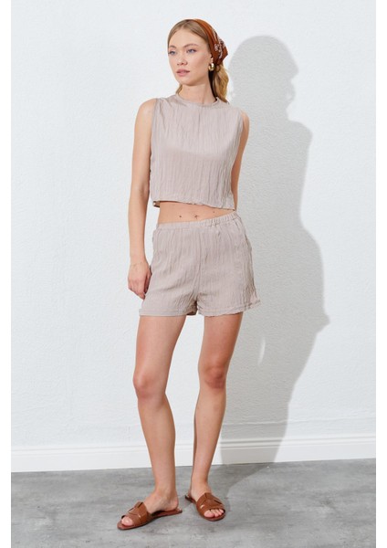 Kadın Vizon Kolsuz Bluzlu Şortlu Takım