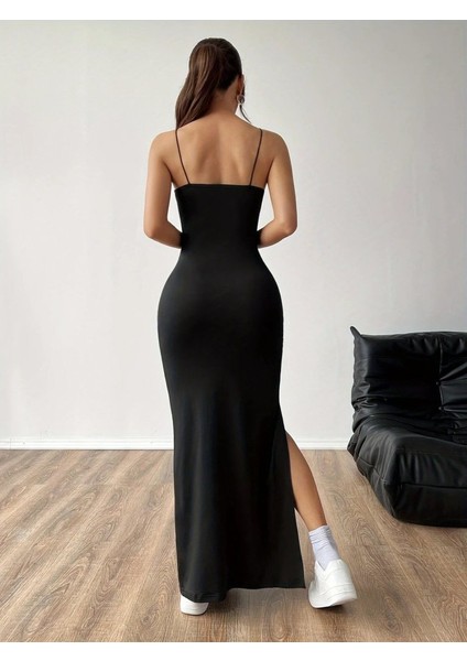 Kadın Ip Askılı Yandan Yırtmaçlı Janjan Krep Elbise modelleri