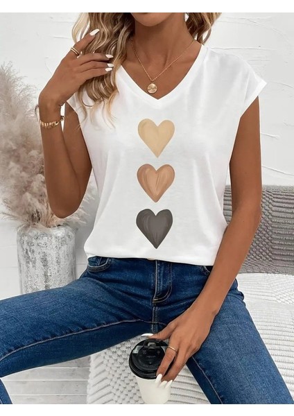 Kadın Kısa Kollu V Yakalı Kalp Desen Viskon Bluz fiyatları