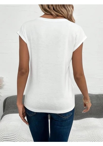 Kadın Kısa Kollu V Yakalı Kalp Desen Viskon Bluz modelleri