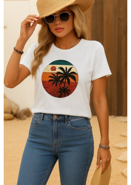 Kadın Kısa Kollu Palmiye Baskılı Viskon T-Shirt