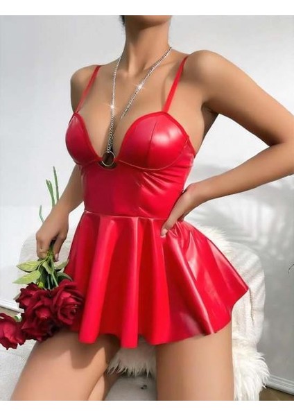 Kırmızı Parlak Lame Fantezi Deri Elbise