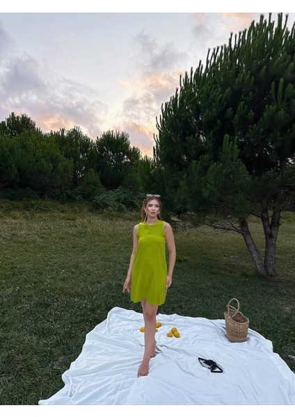 Kadın Keten Kumaş Kolsuz Mini Boy Elbise fırsatları