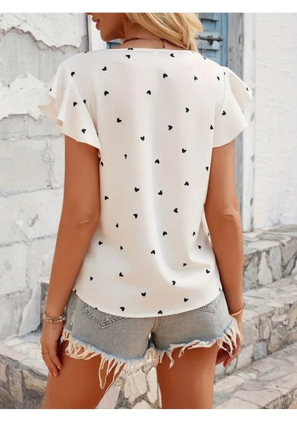 Kadın Kısa Kelebek Kollu Bisiklet Yaka Kalp Desenli Süprem Bluz indirimleri