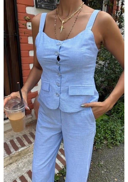 Kalın Askılı Bluz Pantolon Keten Takım 10187 modelleri