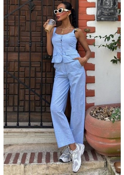 Kalın Askılı Bluz Pantolon Keten Takım 10187