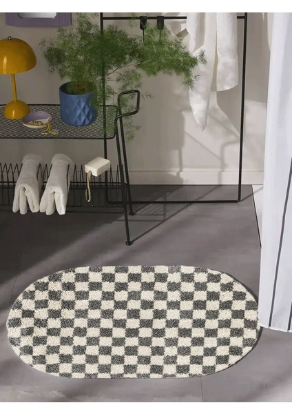 Dama Desenli Kaymaz Taban Yıkanabilir Oval Banyo Paspası Tek Parça 60X100 cm Shaggy Chess