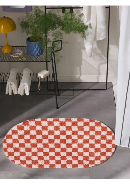 Dama Desenli Kaymaz Taban Yıkanabilir Oval Banyo Paspası Tek Parça 60X100 cm Shaggy Chess