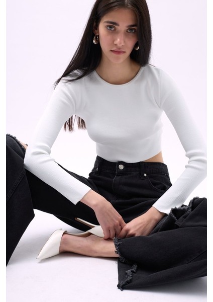 Bisiklet Yaka Dokulu Crop indirimleri