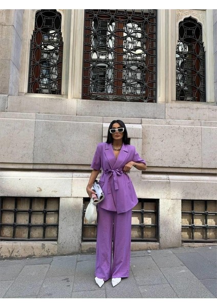 Kısa Kol Bağlama Detaylı Ceket-Pantolon Takım - Mor modelleri