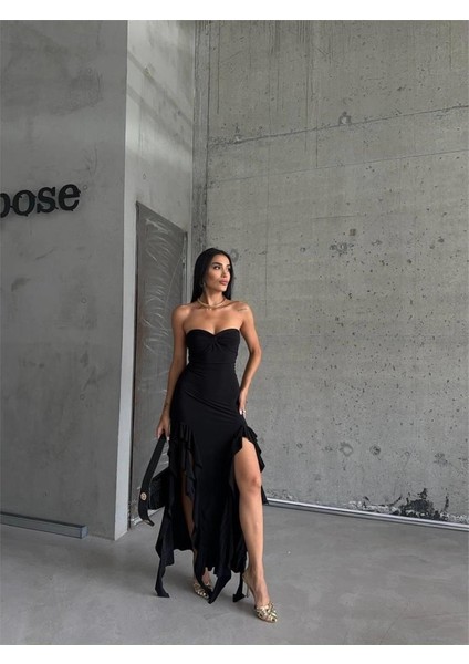 Strablez Sandy Elbise Yanları Katlı - Siyah fırsatları