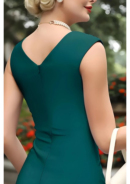 Kadın Büyük Beden Yeşil Asimetrik Yaka Vintage Stil Midi Elbise modelleri